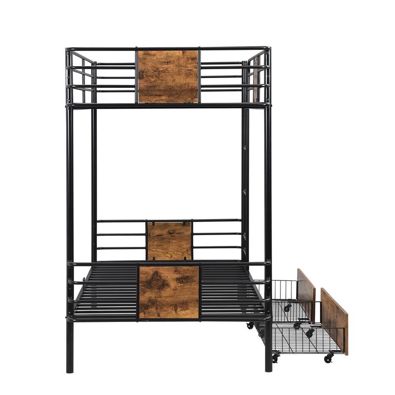 Twin XL Metal Bunk Bed with Storage Drawers and MDF Guardrail, Space-Saving Black Frame
