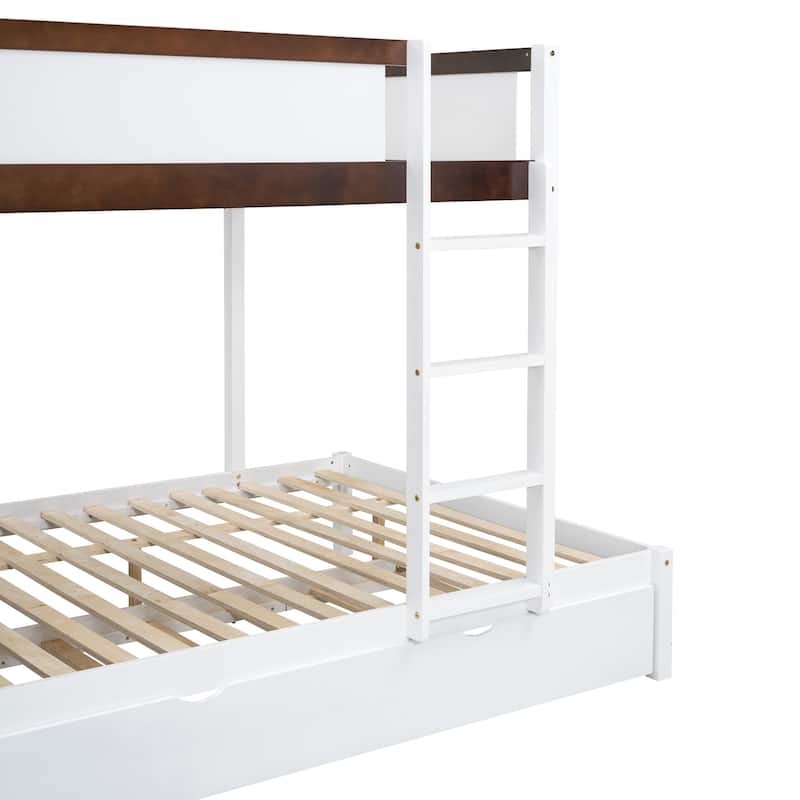 Full-Over-Full Bunk Bed with Twin size Trundle, Storage and Desk, White+Walnut