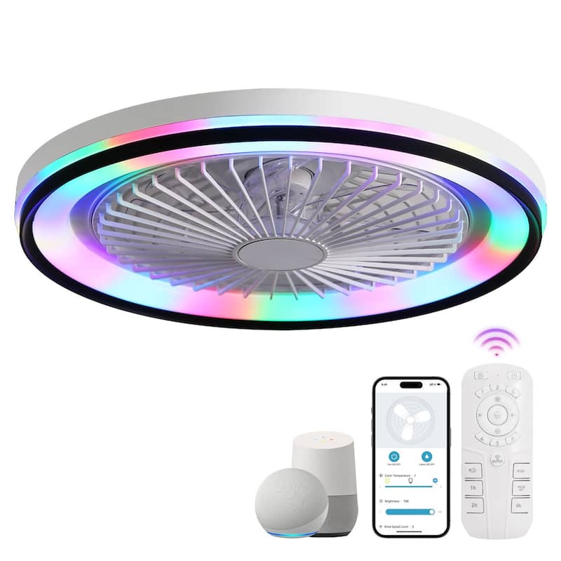 15"/19''/20"/42" RGB Color Dimmable LED Ceiling Fan with APP & Remote Control 6 Wind Speed, with Bluetooth Speaker Optional - 19 Inches - White without Bluetooth Speaker