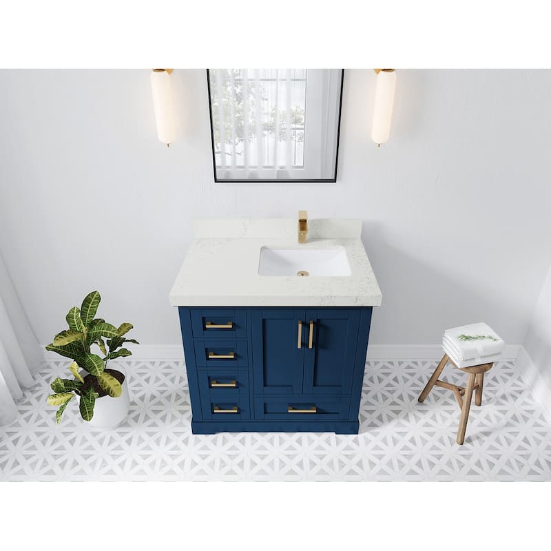 Willow Collections 36 x 22 Boston Right Offset Sink Bathroom Vanity with Quartz or Marble Countertop - 2"Empira White - Navy Blue