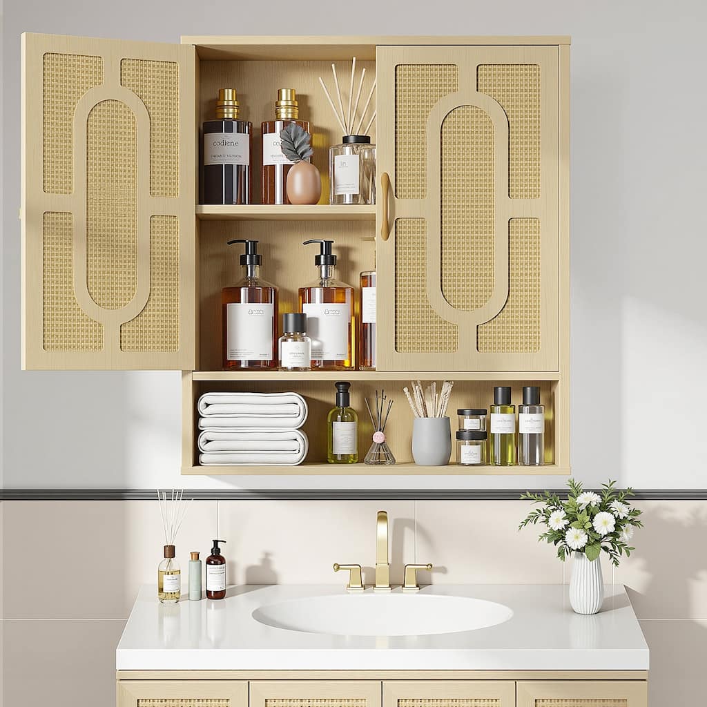 Javlergo Rattan Oak Wall Mounted Bathroom Storage Cabinet with Adjustable Shelves & Open Shelf Double Door Medicine Cabinet