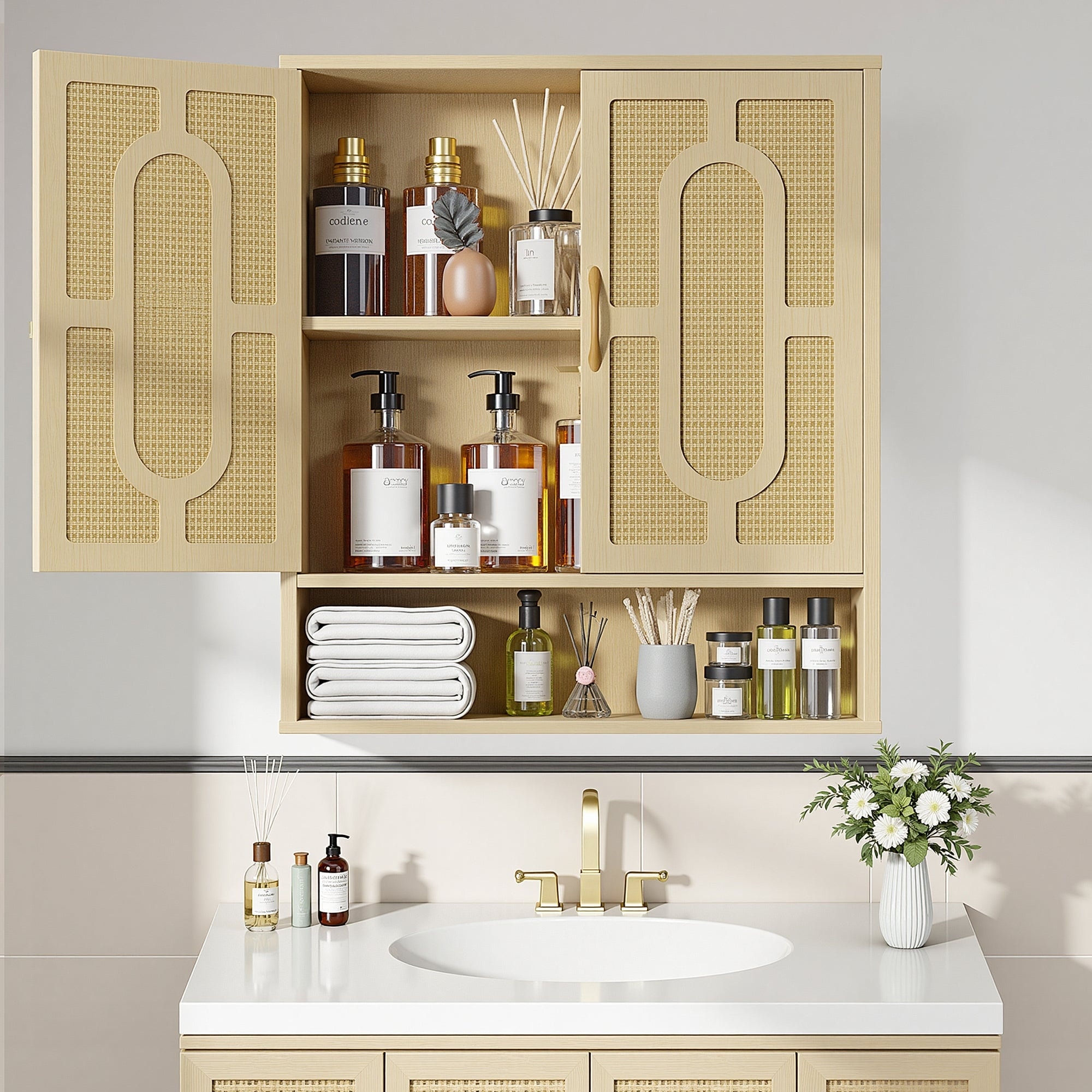 Javlergo Rattan Oak Wall Mounted Bathroom Storage Cabinet with Adjustable Shelves & Open Shelf Double Door Medicine Cabinet