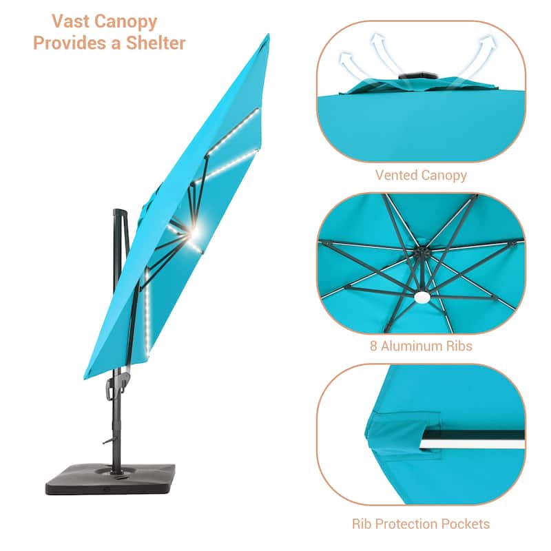LIVOOSUN Patio10x10FT LED Aluminum Cantilever Umbrella Solution-Dyed Fabric w/Base