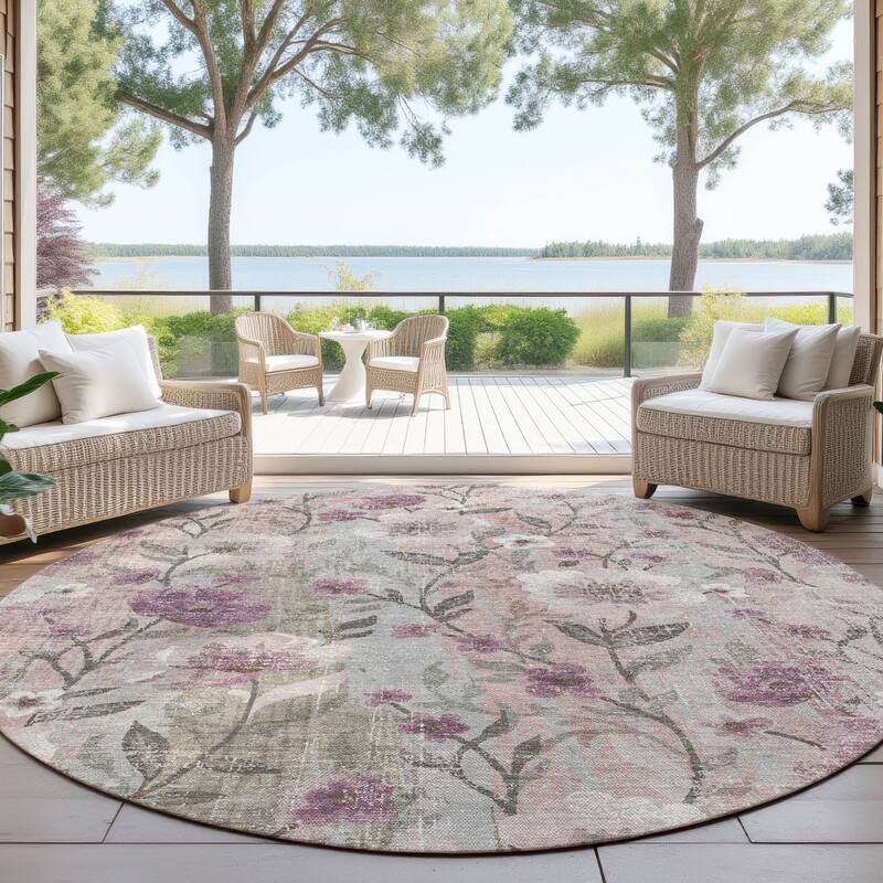 Machine Washable Indoor/ Outdoor Floral Joy Chantille Rug - Blush - 8' x 8'