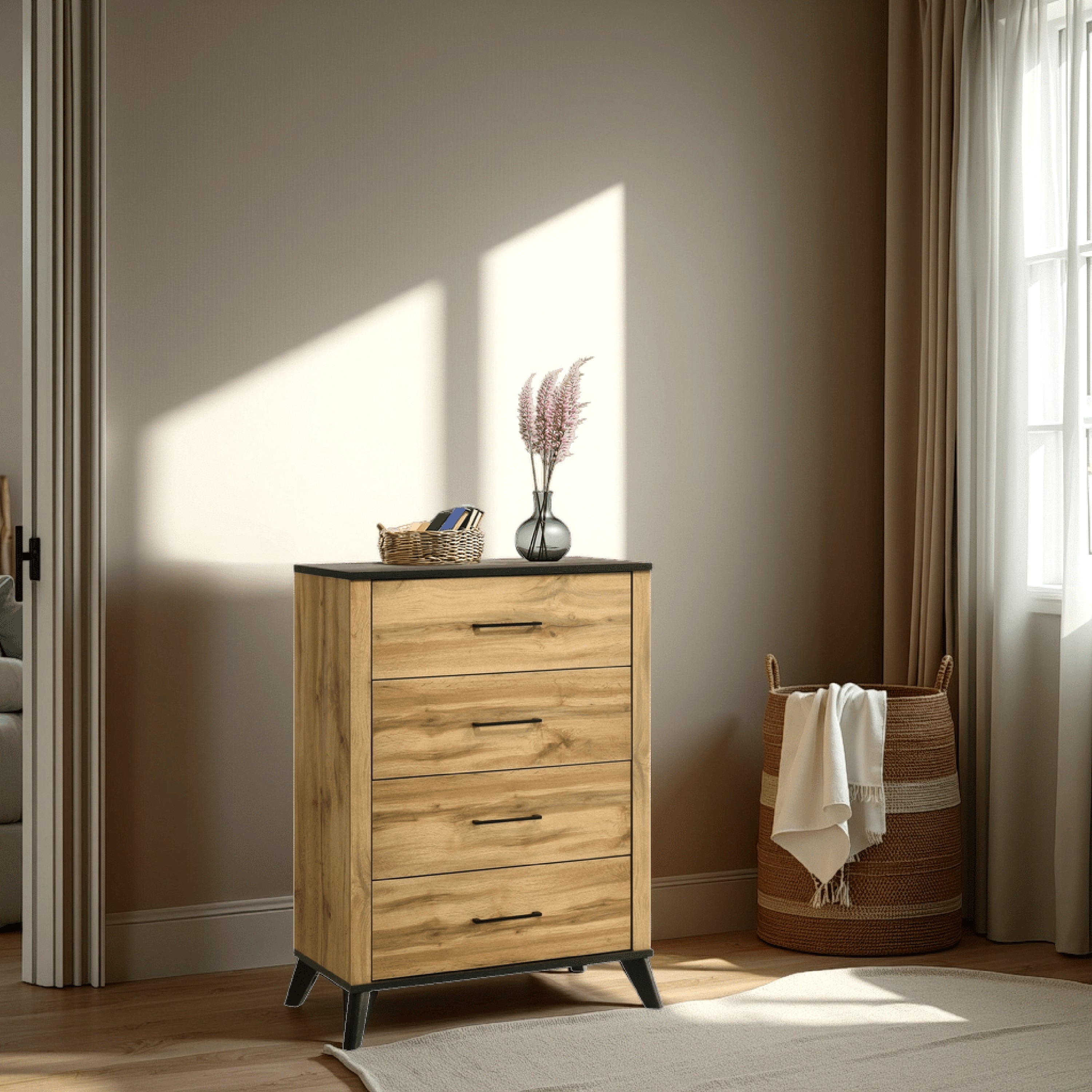 Benjara Wemy Tall Dresser Chest, 4 Drawers, Weathered Dark Brown Pine Wood