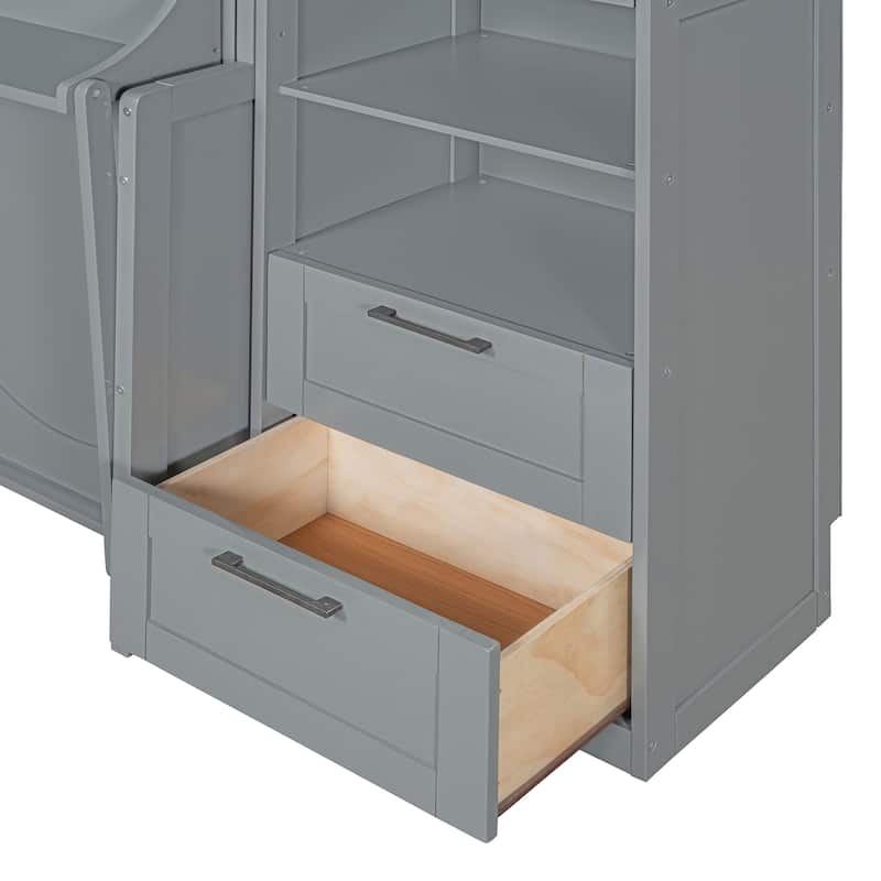 Full/Queen Size Horizontal Murphy Bed with Integrated Storage, Wood Wall Murphy Bed Frame with Closet, Drawers and Shelves