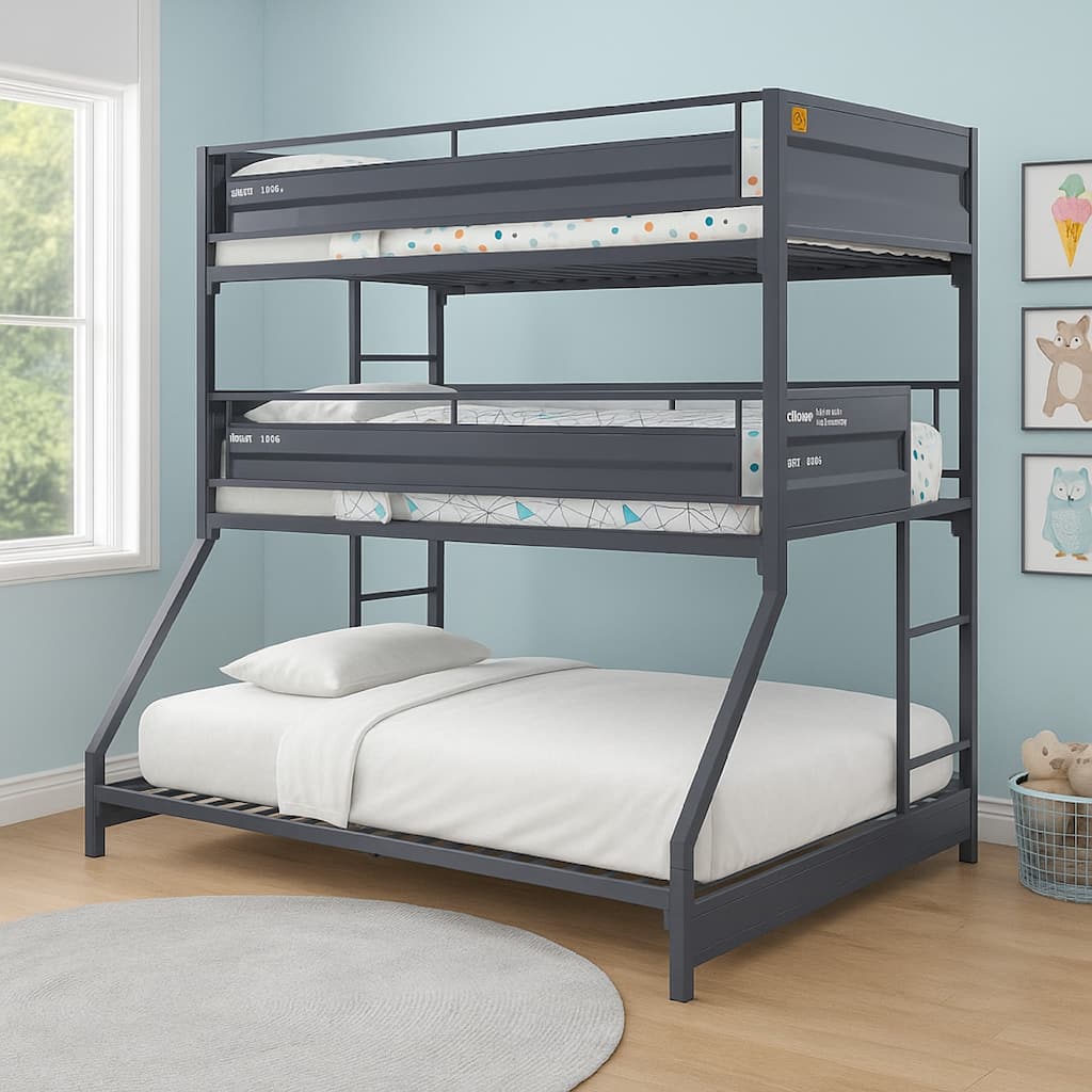 Twin Over Twin Over Full Bunk Bed with Metal Frame, Gray