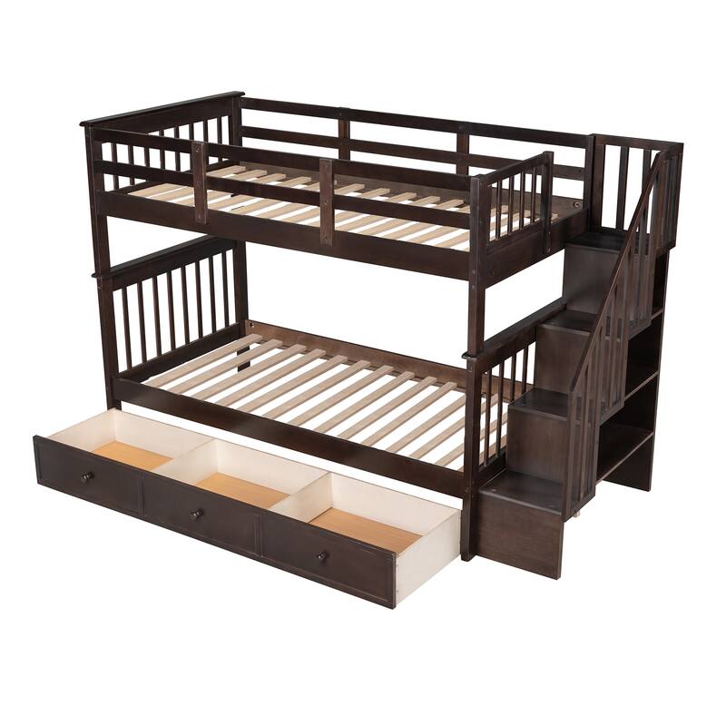 Multi-Functional Twin Over Twin Bunk Bed with 3 Drawers, Storage Stairs, Armrest and Full-Length Guardrails for Kids
