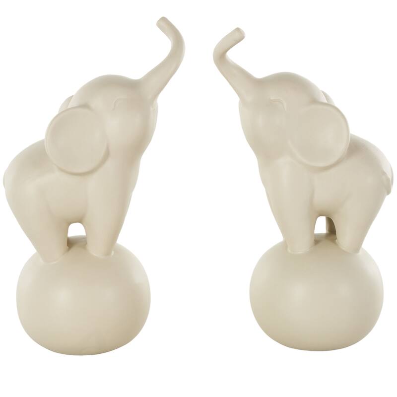 White Ceramic Trumpeting Elephant Decorative Sculpture with Round Base (Set of 2)
