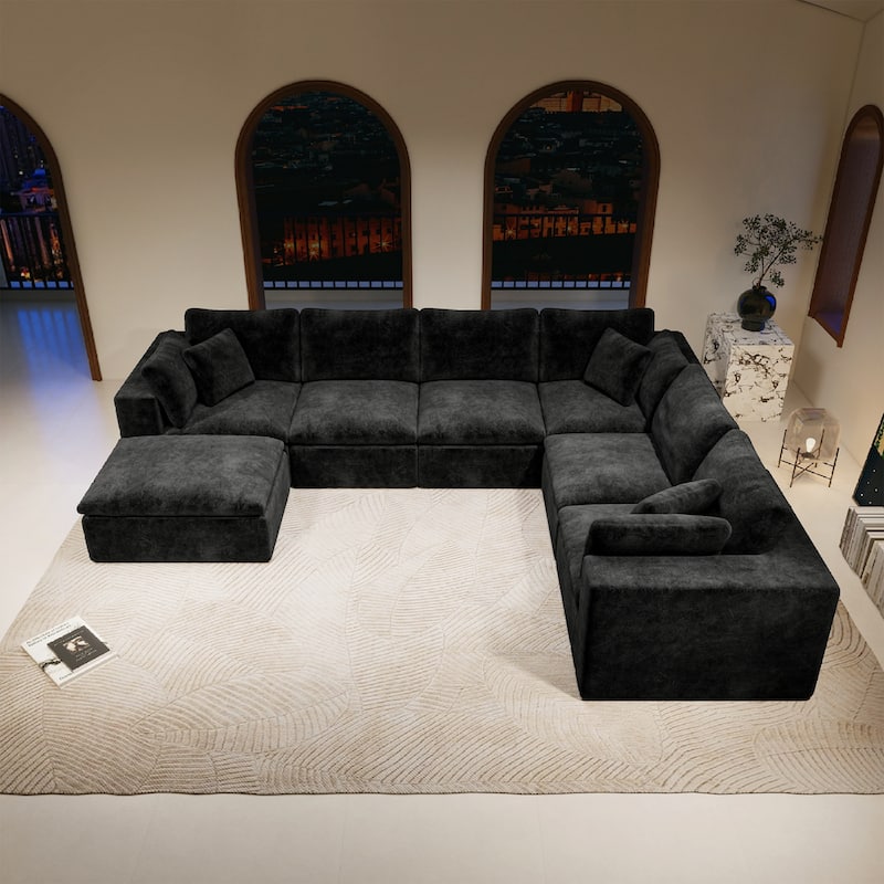 Roomfitters 137.8" Modular Sectional Sofa, 7-Piece Compressed Cloud Couch, No Assembly Required, Plush Corduroy, Black - Black