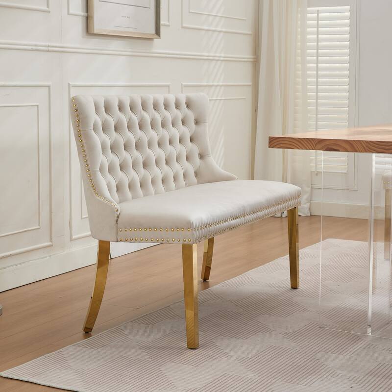 Velvet Double Dining Loveseat Bench, 2-Seat Tufted Bench w/Handmade Buttons, Wing Back, Gold-Plated Steel Legs, Single Pack