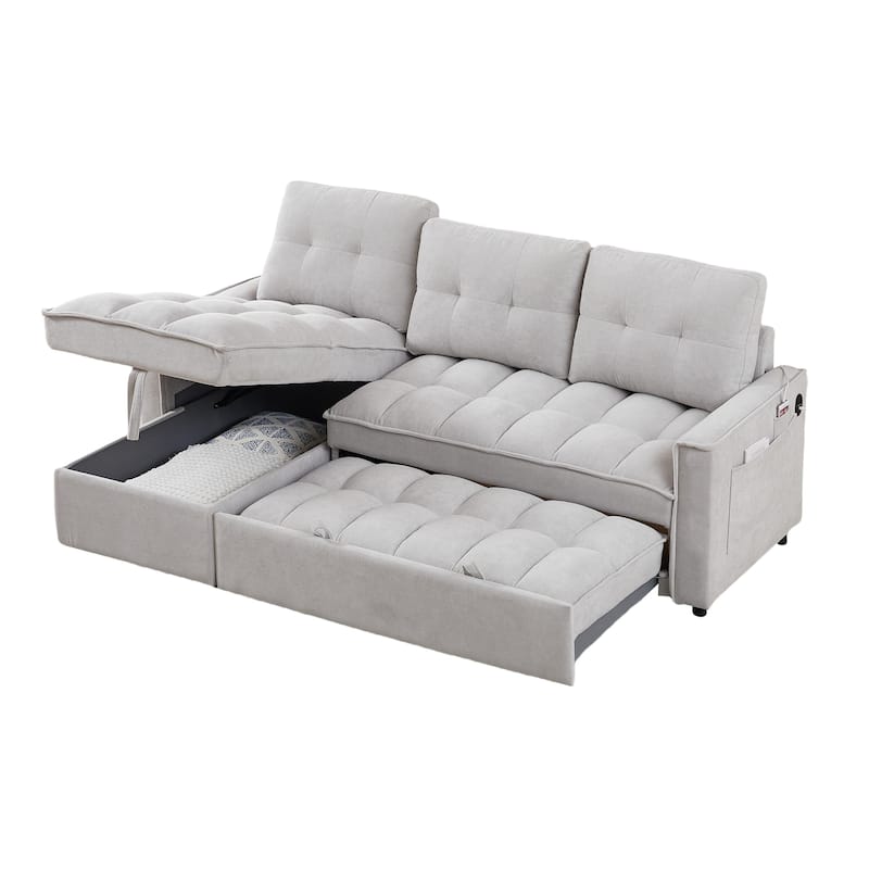 78.75" Reclining Pull-Out L-Shaped Sectional Sofa with USB, Storage, Pocket, LIGHT GREY Chenille