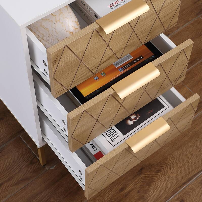 Nightstand with 3 Drawers, Mid-Century Modern End Table,Gold Metal Feet, Gold Metal Handles