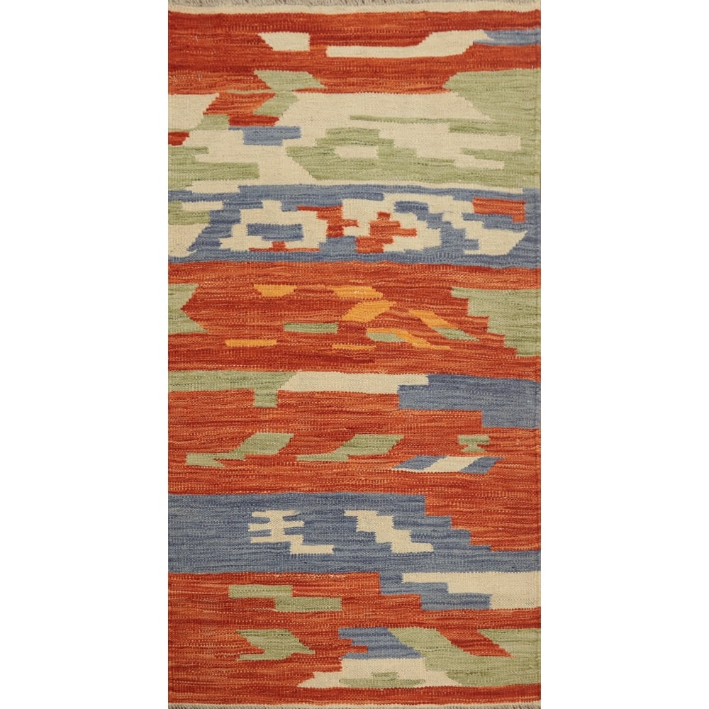 Hand Woven Oriental 100% Wool Carpet Southwestern Modern Oranges & Rust Kilim Area Rug - 4' 0'' X 2' 0''