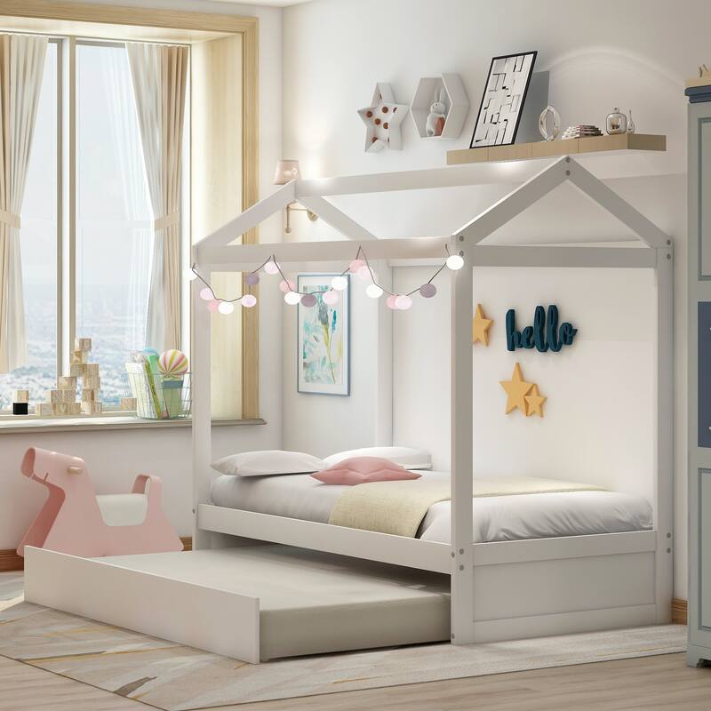 Roomfitters House Bed with Trundle, Customizable Roof Frame for Creative Decoration, White