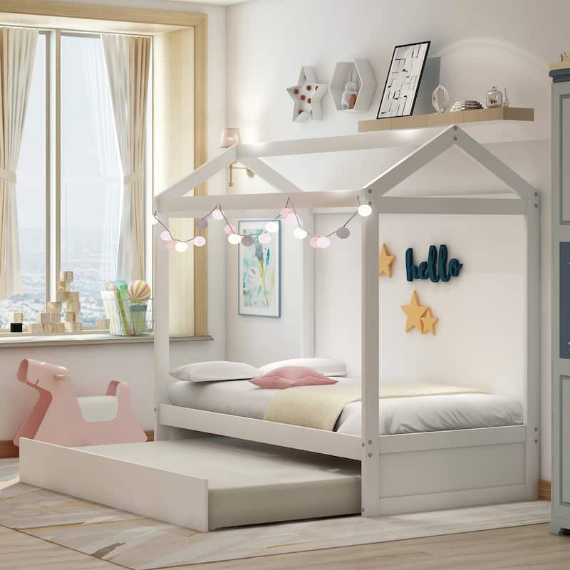 White Twin Pine House Bed with Trundle & Roof