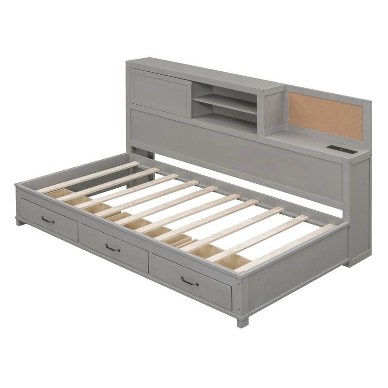 Twin/Full Size Wood Daybed Frame with Storage Drawers, Shelves and Charging Station