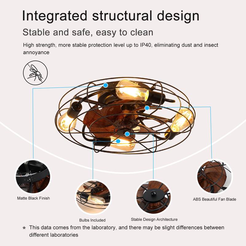 Cusp Barn 20'' Farmhouse Caged Ceiling Fan with Light, Modern Black Low Profile Enclosed Ceiling Fans with Reversible Motor
