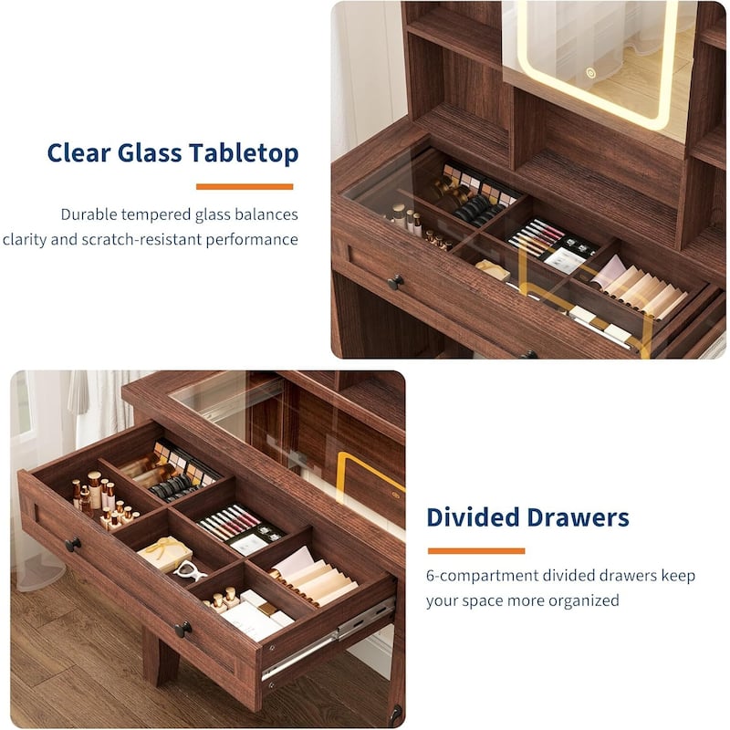 Farmhouse Makeup Vanity Desk with Stool, Mirror and Lights & Power Outlet