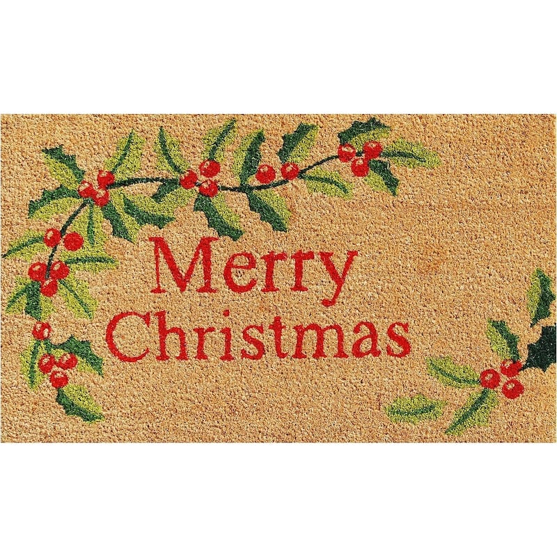 HomeRoots 17" X 29" Brown Red And Green Merry Christmas Outdoor Coir Door Mat - 17.00' X '29.00