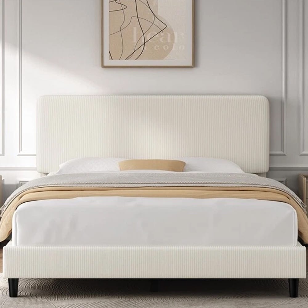 Upholstered Bed Frame Adjustable Headboard Chenille Fabric Beige Queen