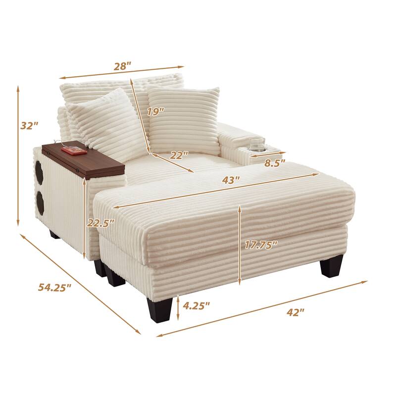 Versatile Chaise Lounge Single Sofa Chair with Ottoman, Swivel Table, Storage Armrest, Cup Holder, Bluetooth Speaker and USB