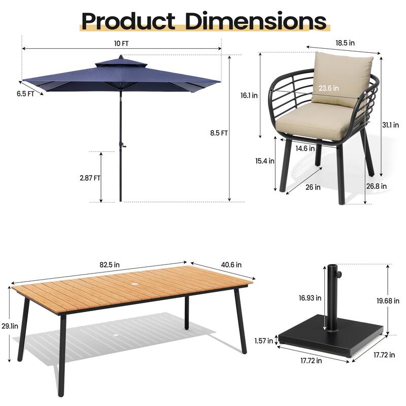 11PC Outdoor Patio Dining Set Aluminum Table with Sunbrella Cushion Chairs w/ Market Umbrella Sets