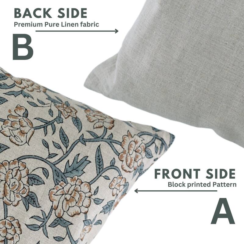 Fabdivine Block Print 12x20 Inch Pillow Cover Pure Linen Floral Farmhouse Decor Accent for Brown Soft, Cushion Case, Kanak Buti