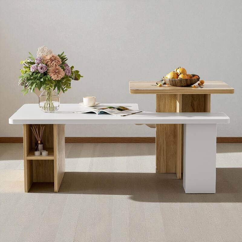 Set of 2 Farmhouse Nesting Coffee Tables, Rectangular Wood Finish Living Room Table Set, Small Sofa Side Tables