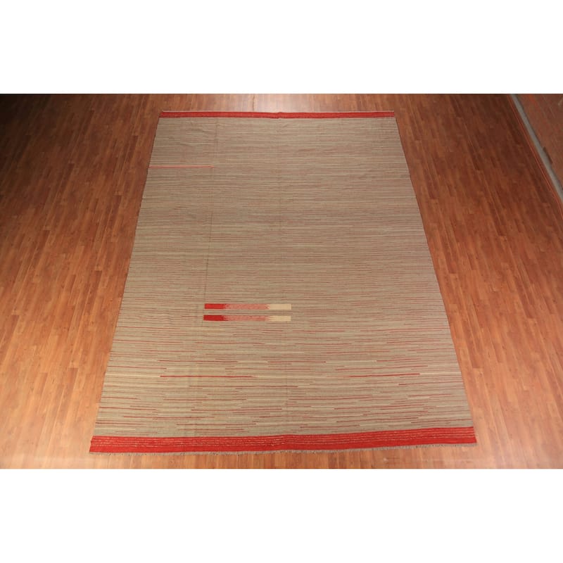 Striped Wool Kilim Oriental Large Rug Wool Carpet - 10'0"x 13'8"