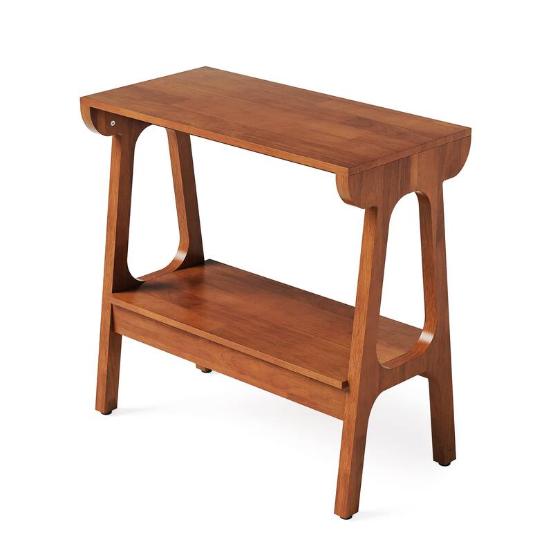 Solid Wood End Table with Storage Shelf, Narrow 2-Tier Side Table
