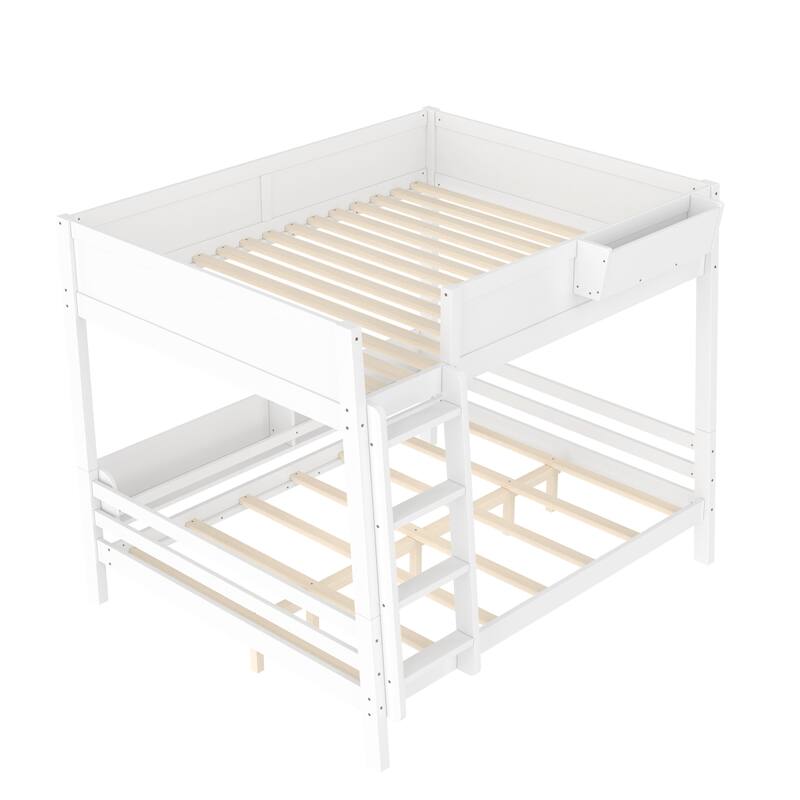 Queen Bunk Bed With Storage Shelf and Bookshelf,Wood Bunk Bed with Ladder and Guardrails,Detachable Design