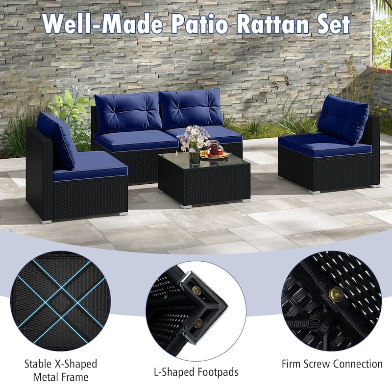 Gymax 5 PCS Patio Furniture Set w/ Seat & Back Cushions Tempered Glass