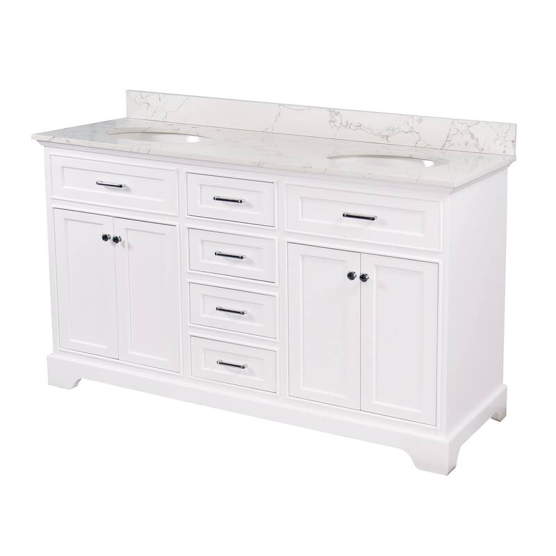 KitchenBathCollection Aria 60" Double Bathroom Vanity with Engineered Marble Top