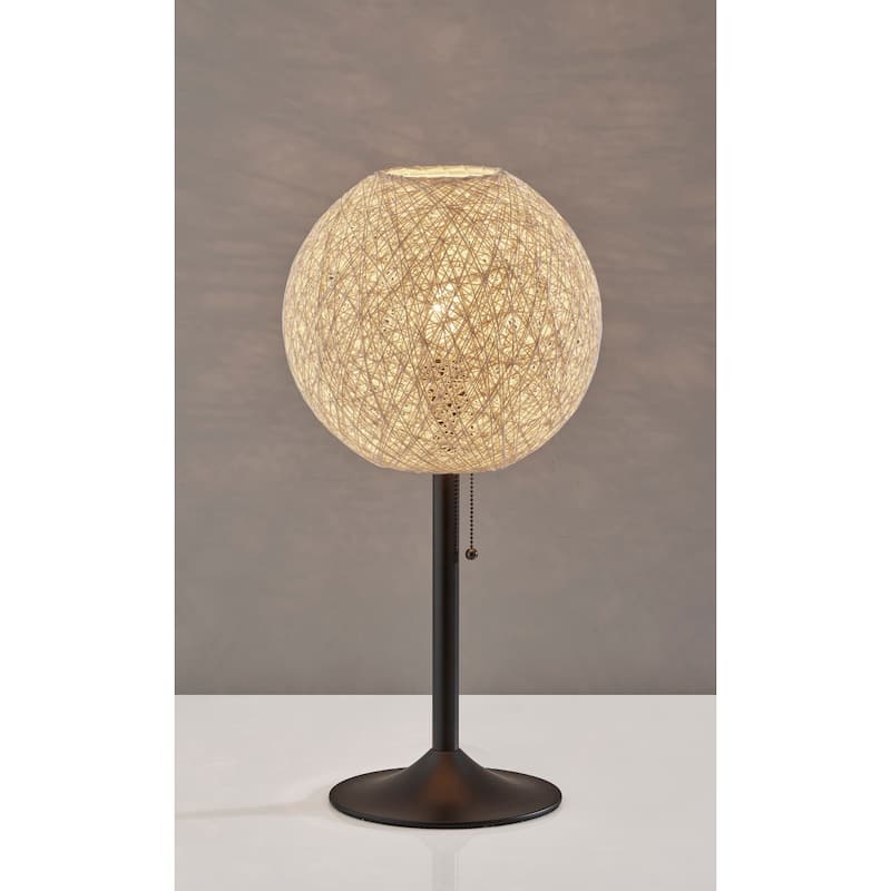 Antiqued Bronze Metal Table Lamp with Off White Rattan Globe Shade and Pull Chain Switch - 12” x 12” x 24” (D x W x H)