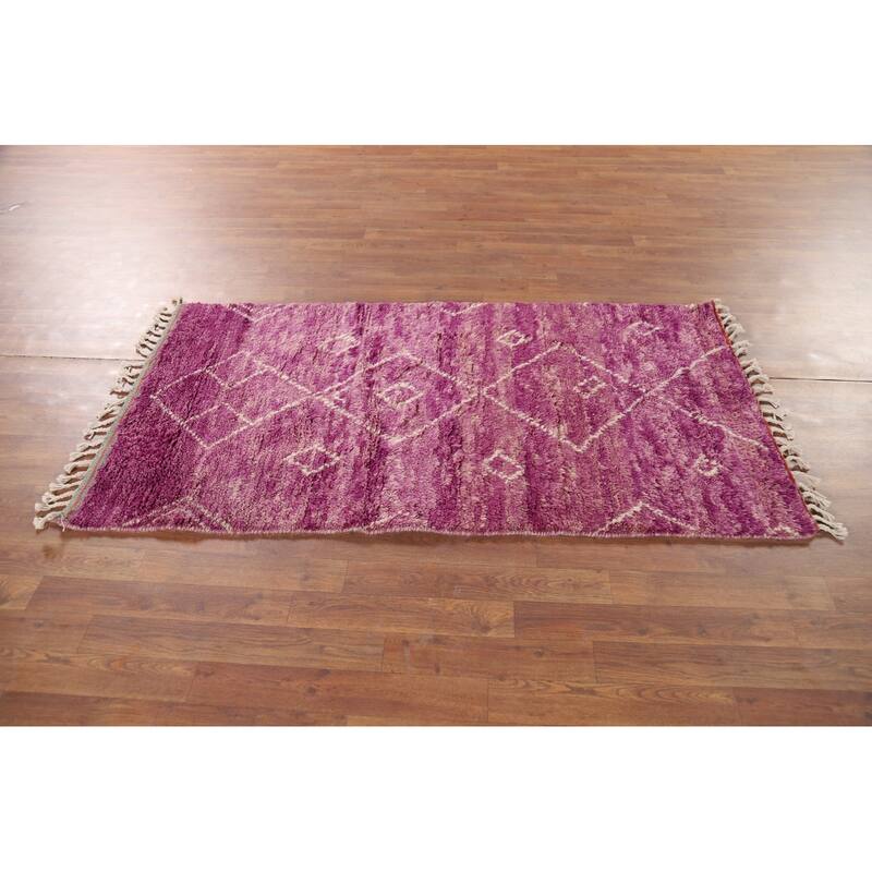 Purple Plush Geometric Moroccan Oriental Rug Handmade Wool Carpet - 2'11" x 5'7"
