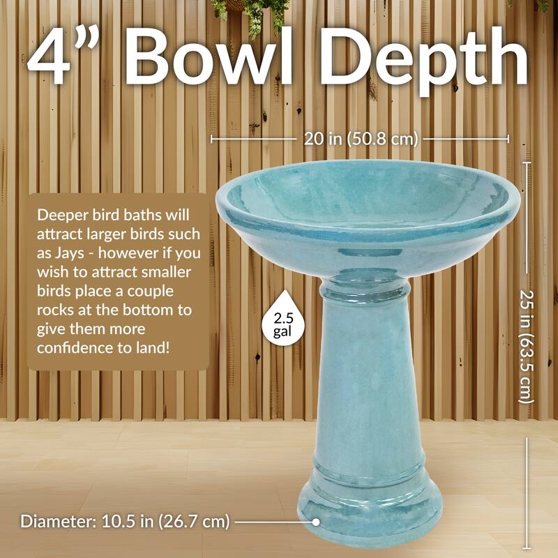 Sunnydaze Calais Glazed Ceramic Bird Bath - Jade Green - 25" H