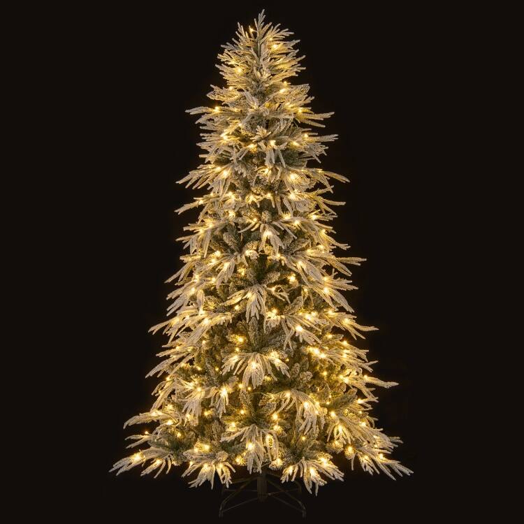 Pre Lit Snow Flocked Artificial Christmas Tree with Warm White LED Lights and Metal Stand