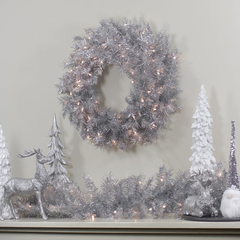 9' x 12" Pre-Lit Silver Tinsel Artificial Christmas Garland Clear Lights