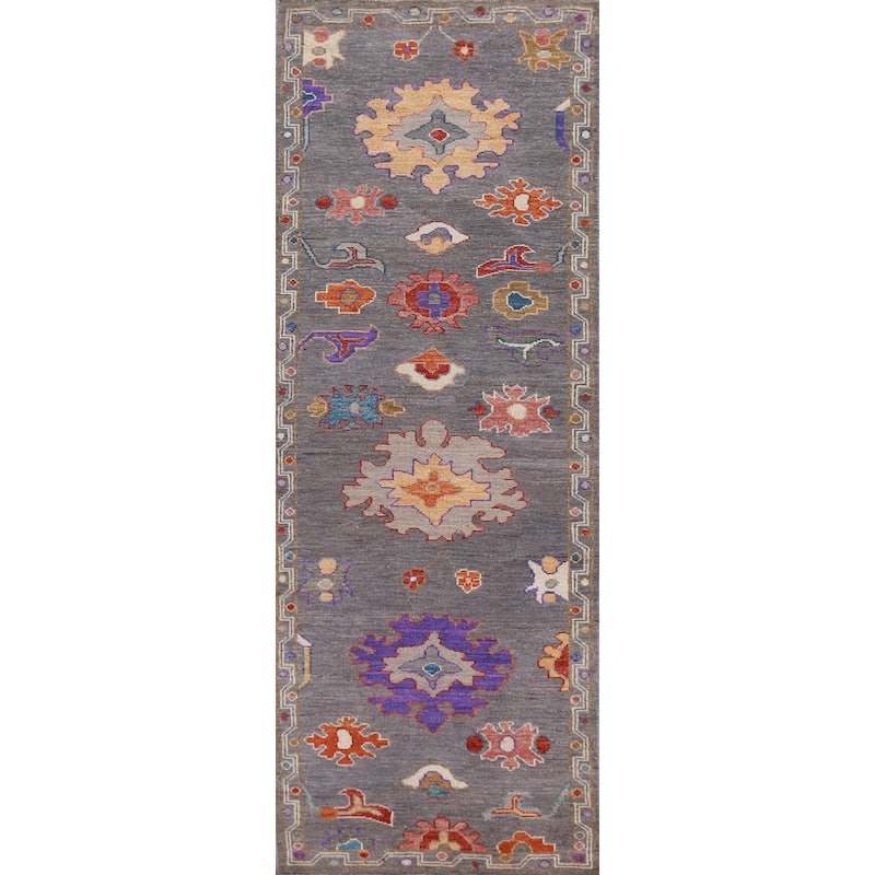 Hand Knotted Oriental 100% Wool Carpet Transitional Floral Greys & Charcoal Oushak Runner Rug - 9' 10'' X 2' 8''