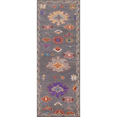 Hand Knotted Oriental 100% Wool Carpet Transitional Floral Greys & Charcoal Oushak Runner Rug - 9' 10'' X 2' 8''