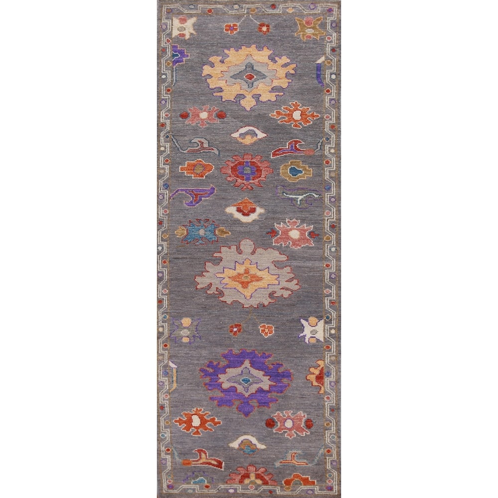 Hand Knotted Oriental 100% Wool Carpet Transitional Floral Greys & Charcoal Oushak Runner Rug - 9' 10'' X 2' 8''