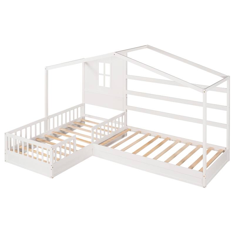 Wood House Bed, 2 Twin Solid Bed L Structure with Fence and Slatted Frame