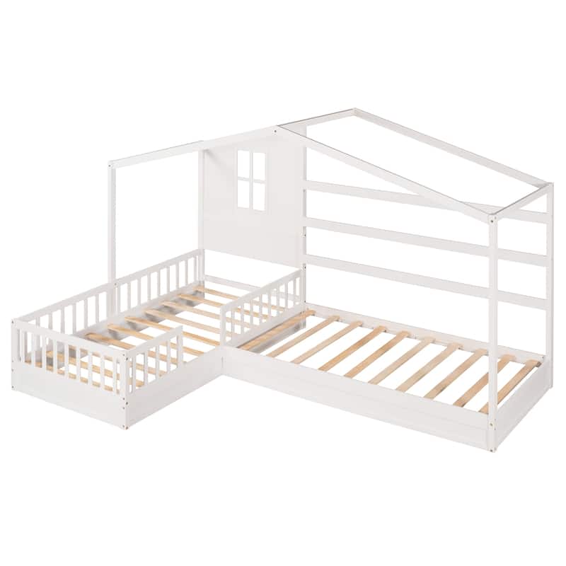 Wood House Bed Twin Size, 2 Twin Solid Bed L structure with fence and slatted frame Bed Bath