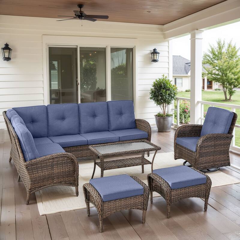 Outdoor Sectional Sofa with Swivel Chair Ottomans - Brown - Blue