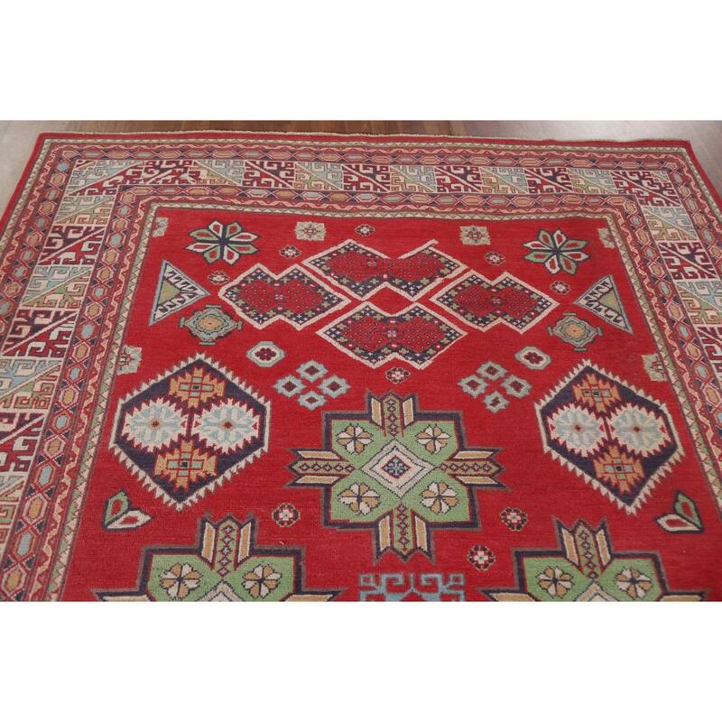 Hand Knotted Oriental 100% Wool Carpet Traditional Geometric Red Kazak Area Rug - 10' 5'' X 6' 6''
