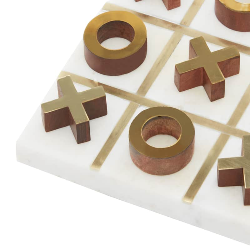 White or Black Marble Tic Tac Toe Game Set with Gold Inlay and Wood Pieces
