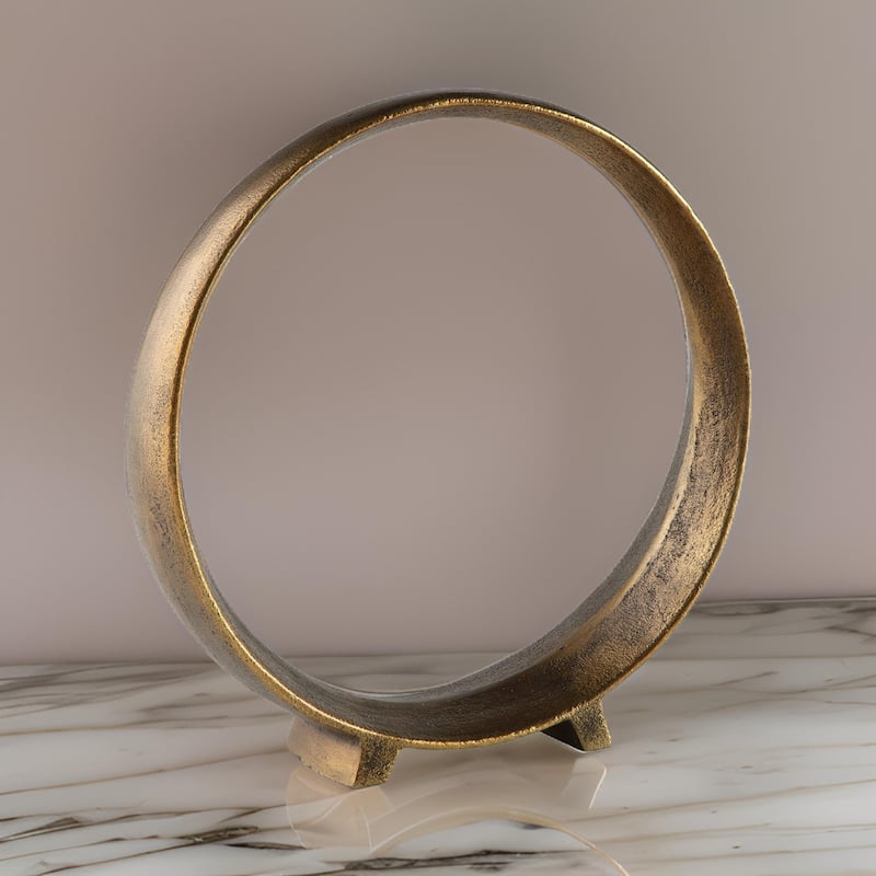 Dalie 12 Inch Sculpture, Set of 2, Round, Antique Brass Tone Cast Aluminium