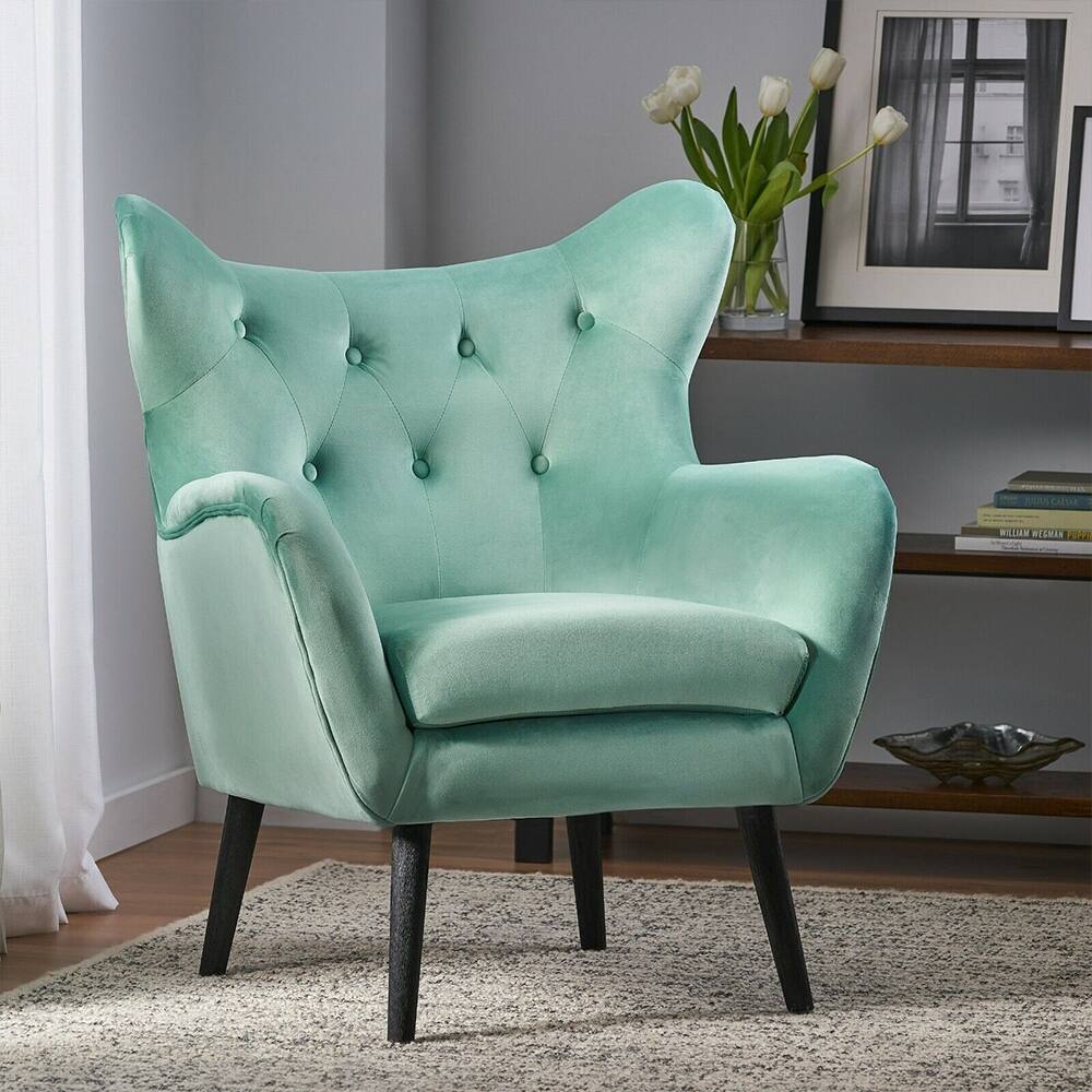 Contemporary Button Tufted Velvet Arm Chair W/ Tapered Leg Light Blue - 30.25" x 39.75"