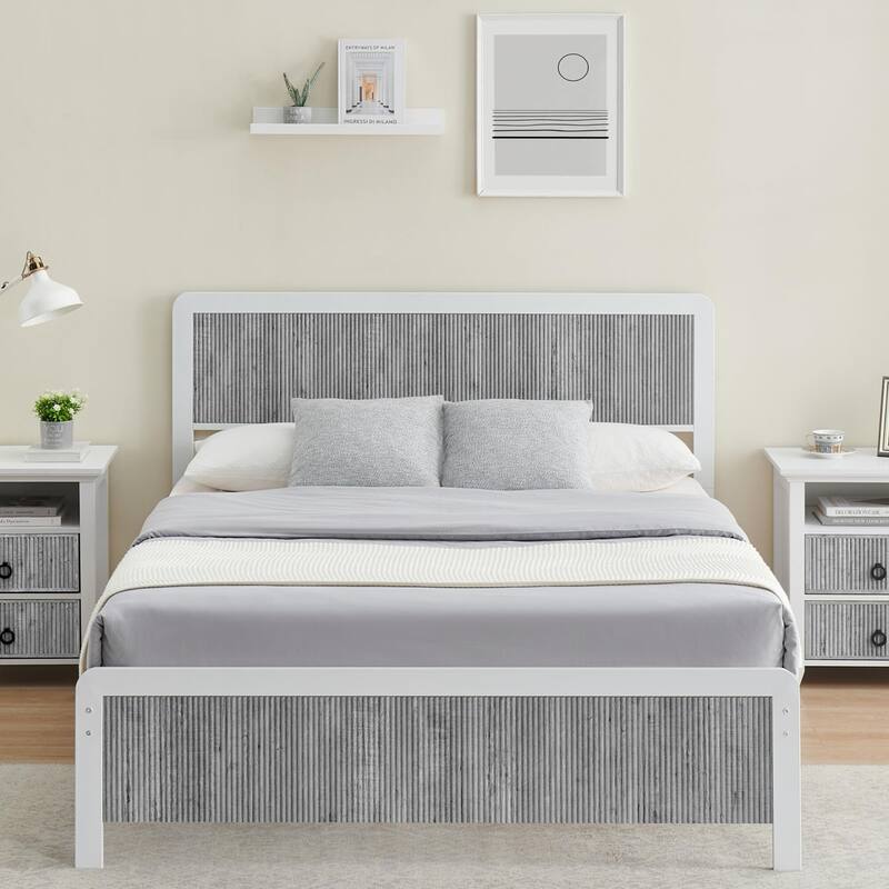 Bed Frame with Wave Wood Headboard - Gray - Queen